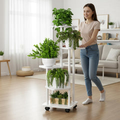 STANSY 5 Tier Plant Stand with Wheels | Multi-Layer Metal Flower Shelf for Indoor & Outdoor Use | Heavy-Duty Wooden Laminate Display Stand for Home, Balcony, Living Room(White Wood + White,112cm)