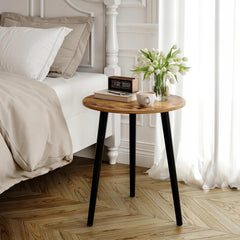 STANSY Round Wooden Plant Stand Table, Modern Metal Legs, Small Side Table for Indoor Plants, Living Room, Balcony, Bedroom, Brown Top with Black Legs