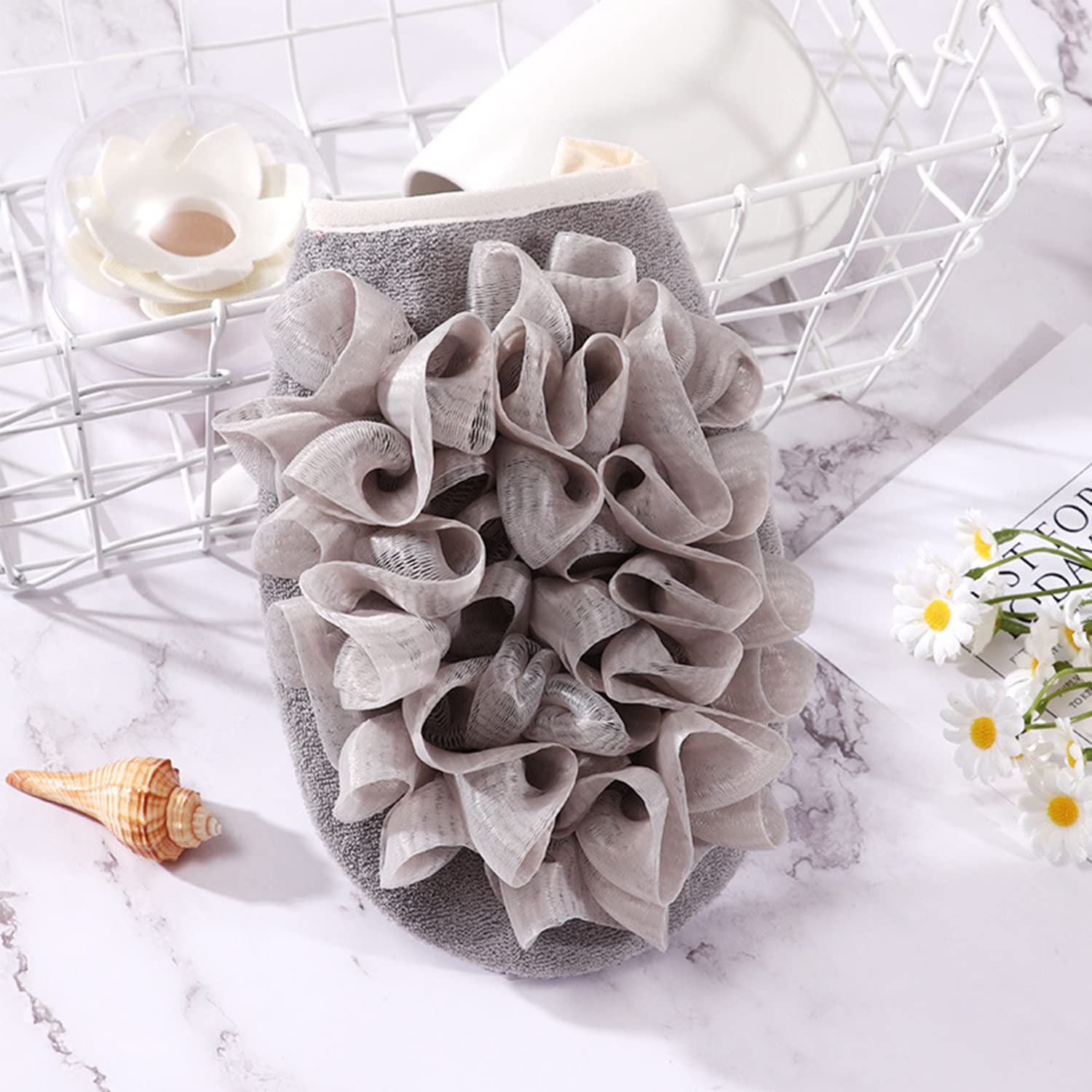 SYGA 2-in-1 Skin-Friendly Bath Towel Flower Scrub Gloves Foaming Clean Bath Sponge Double-Sided Bath Tub Body Shower Scrub (Blue)