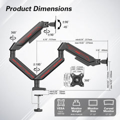 ETHU Monitor Arm Desk Mount for Monitors from 2 to 9 kg Ultra Wide Screens up to 32 inches Full Motion Swivel Height Adjustable Monitor Stand C Clamp (Black, Dual Monitor Arm)