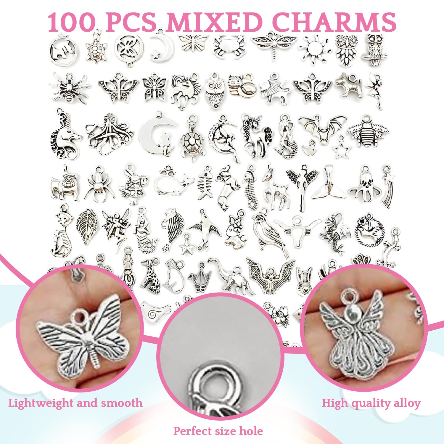 SYGA 100 Pieces Mixed Charms Pendant Charms Craft Supplies for Earrings Necklace Bracelet Jewellery DIY Making (Silver-001)