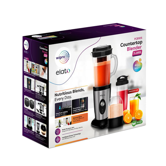 Wipro Elato FCB 105 Countertop Blender | 400 Watts Powerful Copper Motor | 3 Unbreakable Jars | Juicer Jar with Filter | Smoothie Making Blender | 3 Stainless Steel Blades | 2-Year Warranty