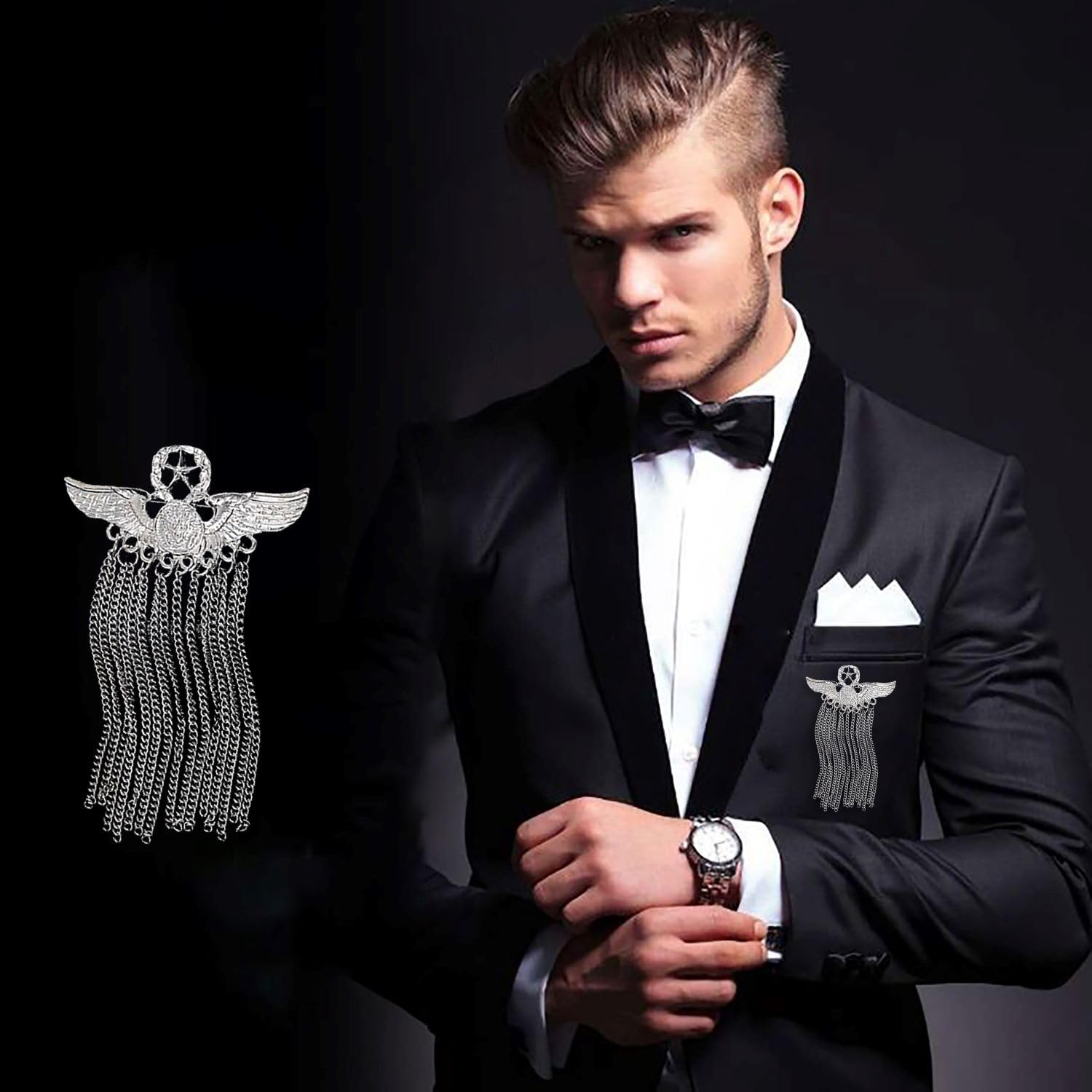 SYGA Men's & Women Suit Shirt Stud Lapel Pin Chain Tassel Brooch Pin with Crystal Chain(Badge Tassel silver)