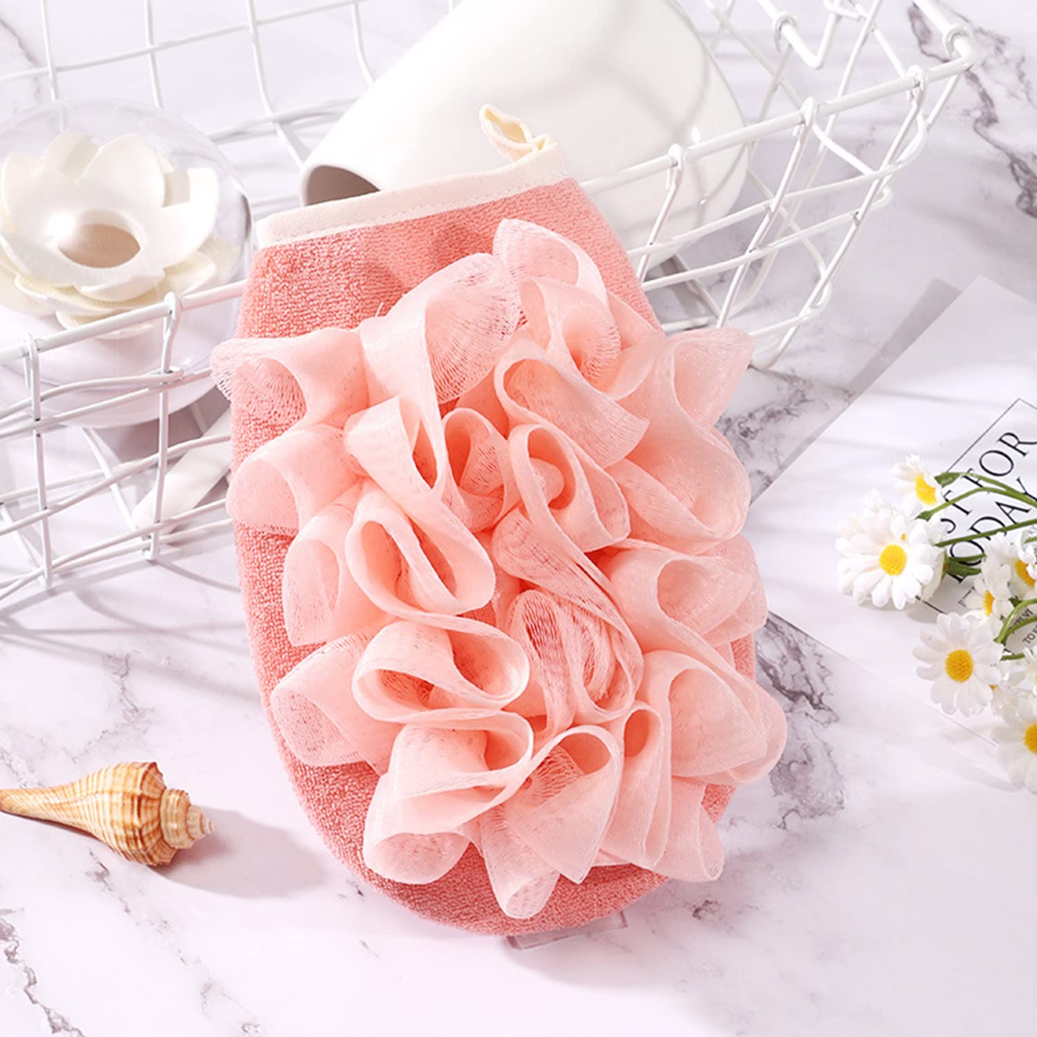 SYGA 2-in-1 Skin-Friendly Bath Towel Flower Scrub Gloves Foaming Clean Bath Sponge Double-Sided Bath Tub Body Shower Scrub (Blue)