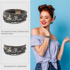 SYGA Bohemia Multilayer Bracelet Leather Wrap Retro Wristband Magnet Buckle Cuff Bangle Elastic Tassel Bracelet, Stackable Bracelet for Boy and Girl, Party, Holiday, Beach Accessories - Black