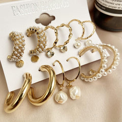 SYGA Little Pearl Earrings Set of 9, Celebrity Inspired Latest Stylish Gold Plated Hoop and Crystal Pearl Stud Earrings for Women
