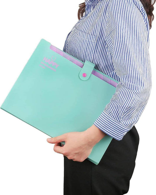 SYGA Cute Smiling Face Multi-Layer Accordion Bag Storage A4 Folder, Small Fresh Test Paper Bag Ticket Information Bag 12 Grids (Green)