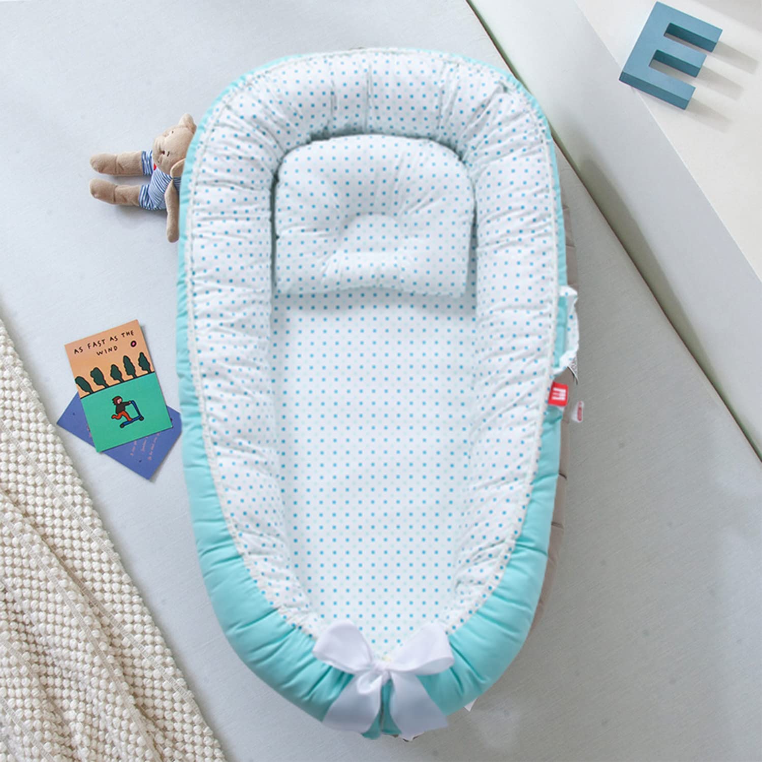SYGA New Born Baby Nest Portable Reversible Sleeping Bed Foldable Sleeping Toddler Cotton Baby Mattress Pillow for 0-2 Years Baby, 53 X 88 CM, Blue Edge Blue Star
