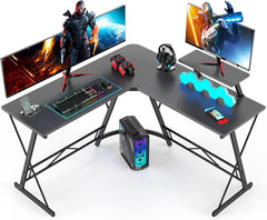 White Mulberry L-Shape Corner Desk |DIY Assembly| Monitor Raising Shelf | Engineered Wood & Sturdy Steel Leg|Perfect for Office Home Gaming Study Desk Computer Table|L(130+130)*45 * 77cm|Carbon Fibre