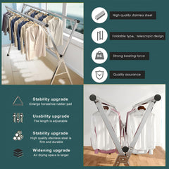 STANSY Extendable Double Rod Clothes Drying Stand, Foldable Galvanized Steel, Adjustable Length 130-200 cm, Heavy Duty Laundry Rack for Indoor and Outdoor Use