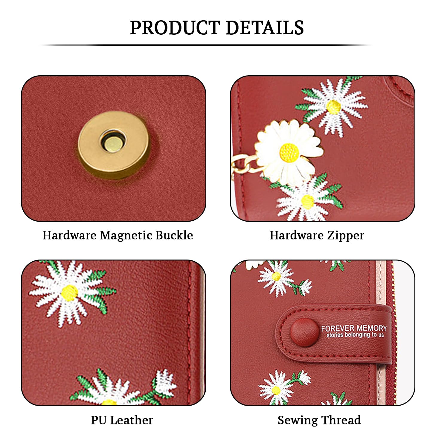 SYGA Women's Short Zipper Buckle Personalized Pu Leather Wallet Coin & Card Purse(Flower Red)