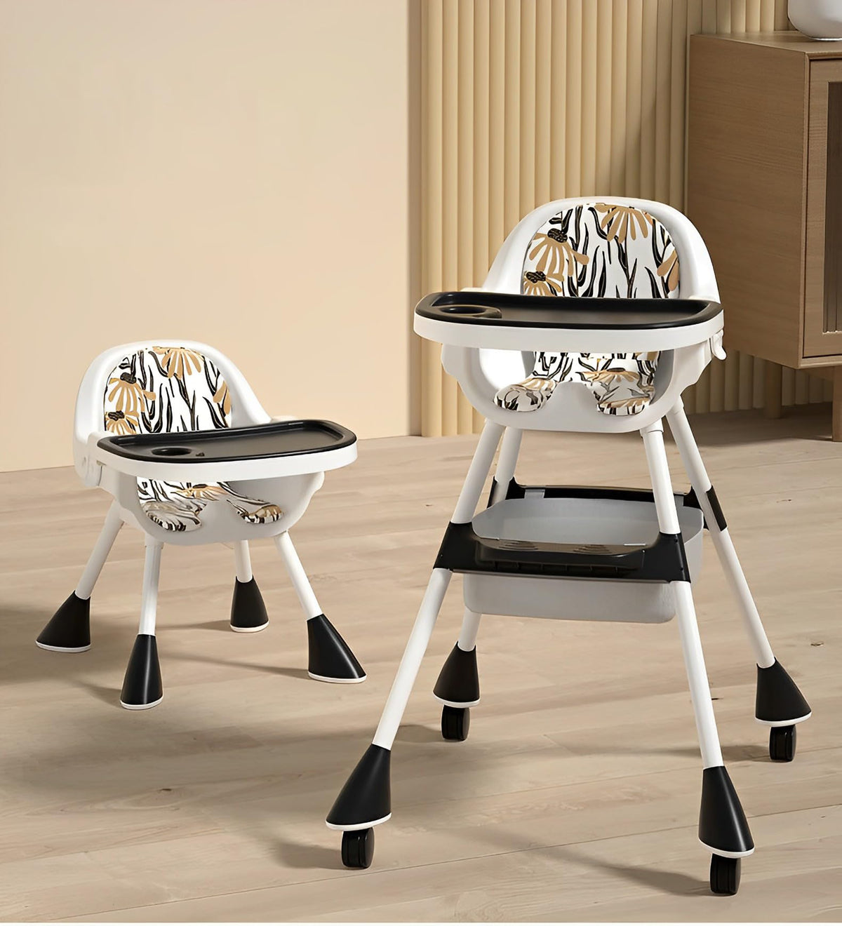 SYGA Adjustable High Chair for Baby Kids Safety Toddler Feeding Booster Seat Dining Table Chair with Wheel and Cushion Anti-Slip Removable Baby Chair (Pack of 1 - Black)