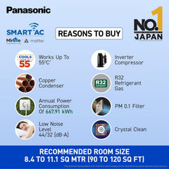 Panasonic 1.0 Ton 3 Star Premium Wi-Fi Inverter Smart Split AC (Matter Enabled, Higher Airflow, Copper Condenser, 7in1 Convertible, True AI, 2-Way, PM 0.1 Filter, CS/CU-SU12AKY3W, White)