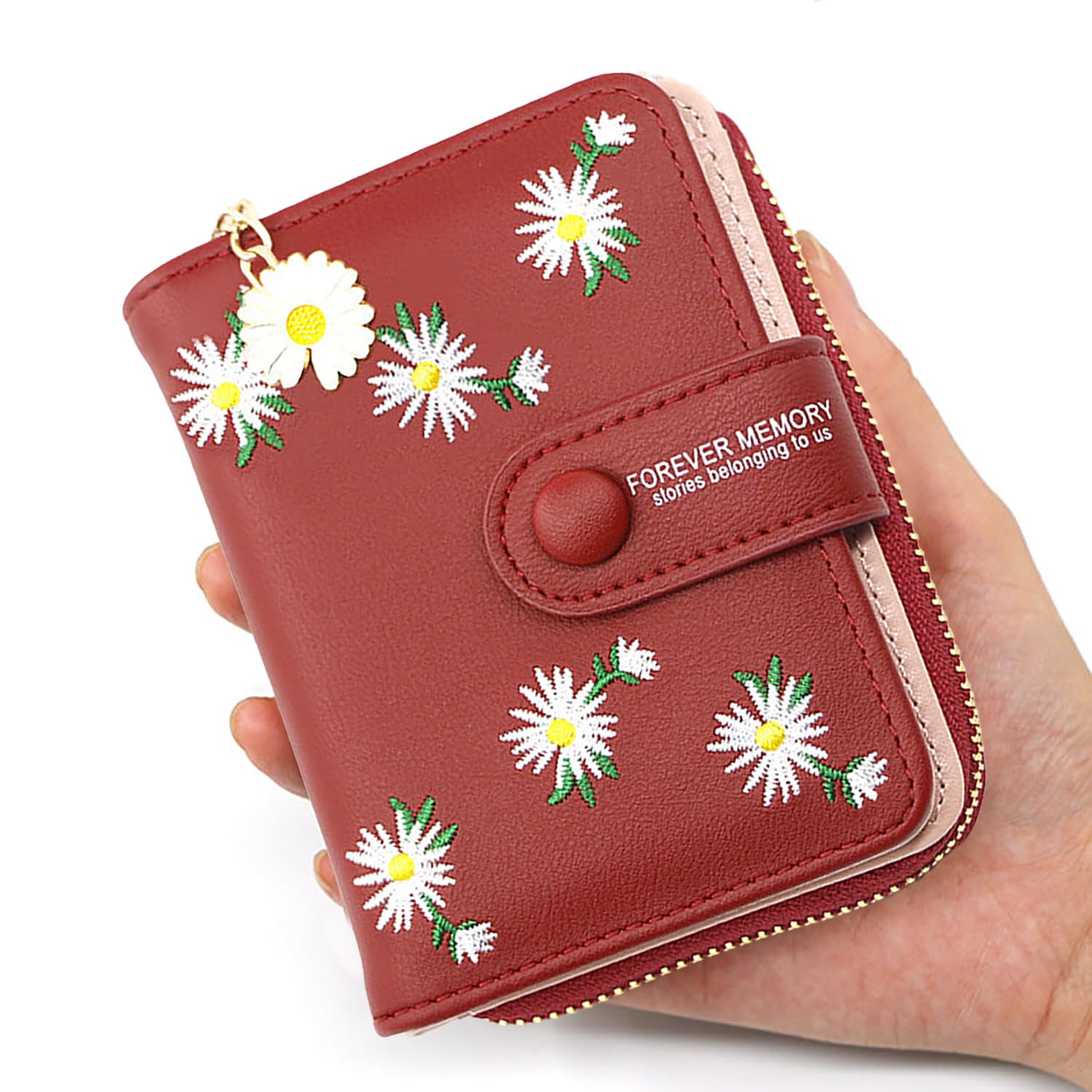 SYGA Women's Short Zipper Buckle Personalized Pu Leather Wallet Coin & Card Purse(Flower Red)