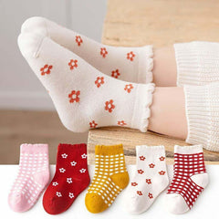 MOMISY 5 Pairs Tube Socks for Kids Toddlers Infant Baby Girl Boys (Checks Flower, 9 Year to 12 Year)