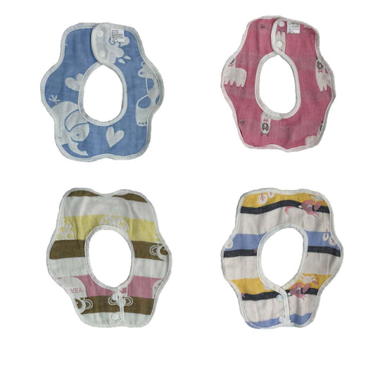 MOMISY Muslin Pure Cotton Printed Baby Feeding Bibs, Set of 4, Assorted Colours