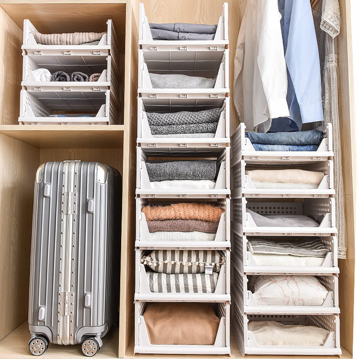SYGA 2pcs Shelf Baskets Organizer Folding Wardrobe Household Layered Storage Rack Drawer-Type Stackable Large Storage Basket Plastic (White)