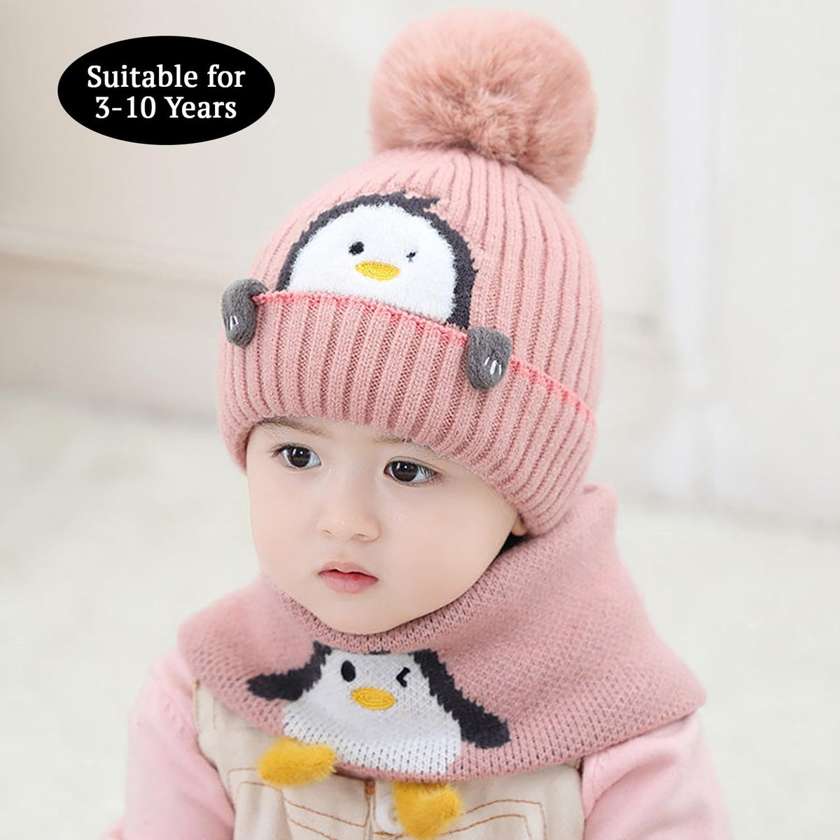 SYGA Baby Winter Cap with Scarf Knitted Penguin Design Beanie Hat for 3-10 Years, Stretchable Woolen Neck & Ear Protection(Yellow)