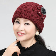 SYGA Winter Warm Hat Women Beautiful Wool Knitted Flowers Decorated Ears Beanie Hat for Adult Women Purple