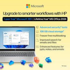 HP 15, Ryzen 5 7530U Laptop (8GB DDR4,512GB SSD) Anti-Glare,15.6''/39.6cm, FHD, Win11, M365 Basic(1yr),Office Home24, Silver,1.59kg, Radeon Graphics, Camera w/Privacy Shutter, fc0388AU