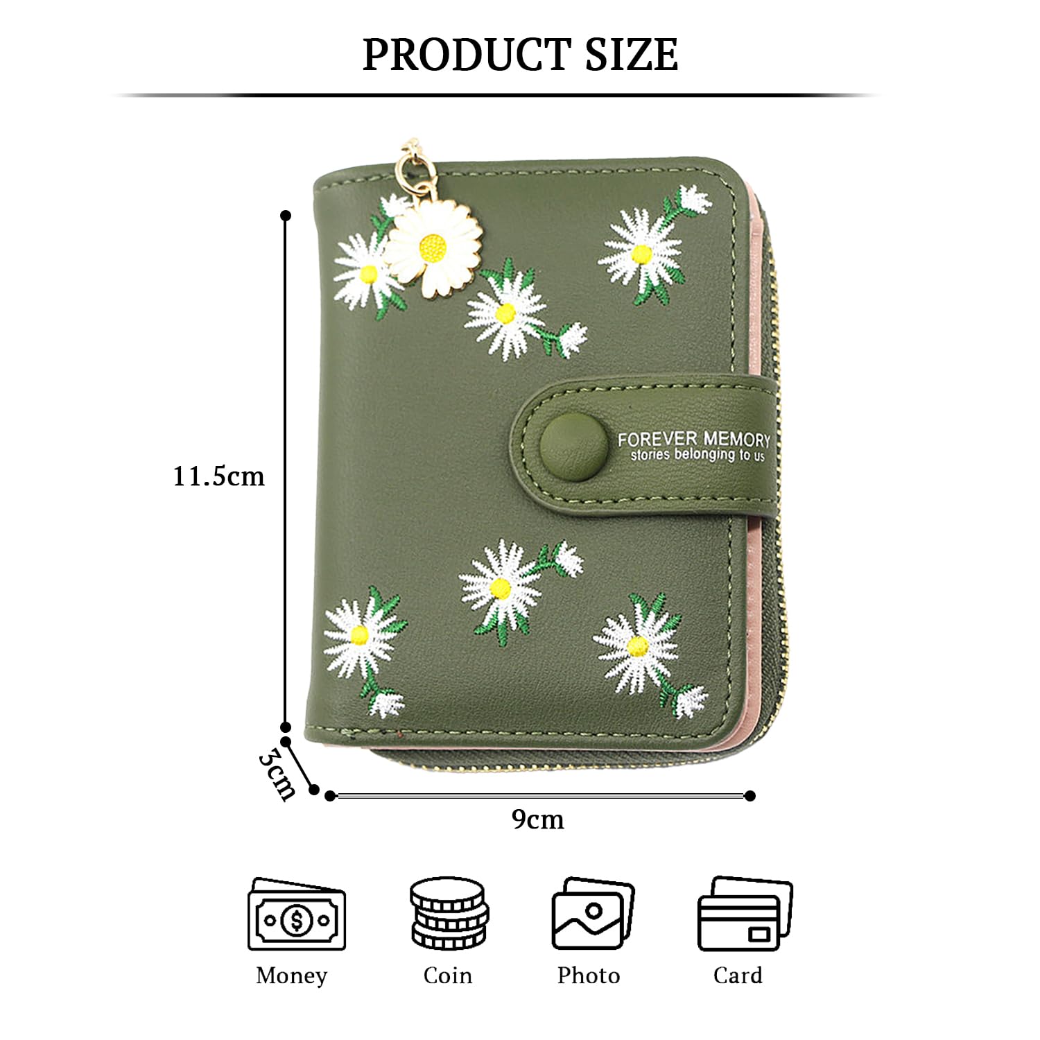 SYGA Women's Short Zipper Buckle Personalized Pu Leather Wallet Coin & Card Purse(Flower Green)