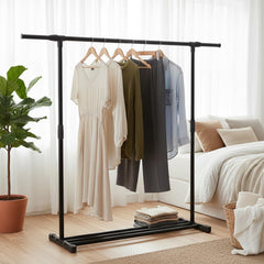 STANSY Garment Rack Freestanding Hanger | Multi-Functional Single Pole Clothing Rack | New Model 90 mm Extendable, 150 cm Long | Heavy-Duty Metal Clothes Stand for Bedroom & Closet
