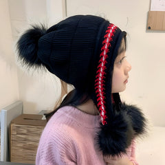 MOMISY Girl's Winter Warm Pom-Pom Balaclava Hat Full Cover Earflap Hood Cap_5-10 Years (Black)
