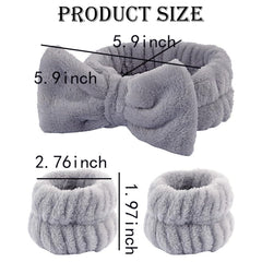 MOMISY Face Wash Headband and Wristband Set for women ladies female and girls, Stretchy Bowknot Design, Super Absorbent Flannel, for Face Washing, Makeup, Yoga (Grey, Free)