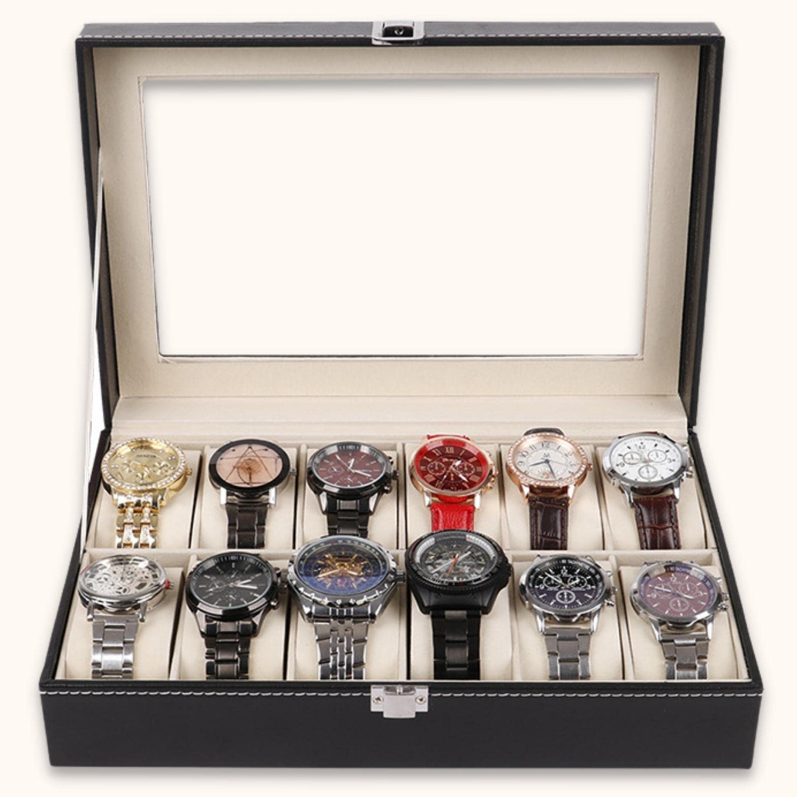SYGA Watch Box for 12 Watches | Watch Case | Watch Holder | Watch Organizer Designer/Black_ Pu Leather