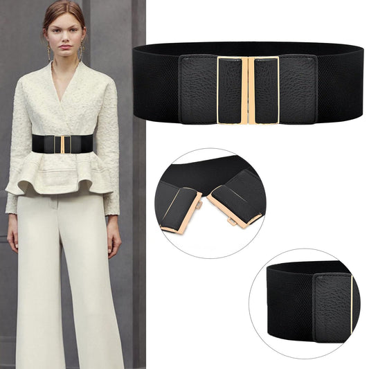 SYGA Women Cinch Belt, PU Leather Stretchy Waist Belt with Door Shaped Metal Buckle, Retro Style - Black