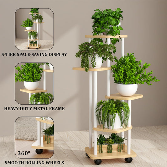 STANSY 5 Tier Plant Stand with Wheels | Multi-Layer Metal Flower Shelf for Indoor & Outdoor Use | Heavy-Duty Wooden Laminate Display Stand for Home, Balcony, Living Room(Light Walnut + White, 112cm)