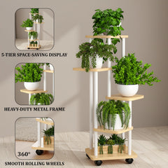 STANSY 5 Tier Plant Stand with Wheels | Multi-Layer Metal Flower Shelf for Indoor & Outdoor Use | Heavy-Duty Wooden Laminate Display Stand for Home, Balcony, Living Room(Light Walnut + White, 112cm)