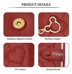 SYGA Women's Short Zipper Buckle Heart Shaped Wallet with Key Chain, Cute for Girls Pu Leather Wallet Coin & Card Purse(Mickey Red)