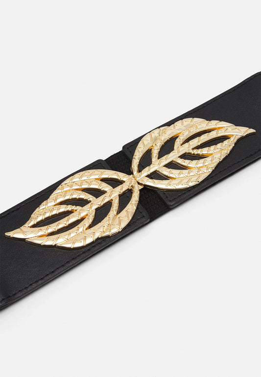 SYGA Women's Inter Rings Golden Buckle Stretchy Leather PU Cinch Belt, Black (Pack of 1)