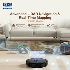KENT RoboKlean R1 Black 2-in-1 AI Robotic Vacuum Cleaner & Mop, 8500Pa Suction, 5200mAh Battery, 3D Mapping, Laser Navigation, Wet & Dry Cleaning, 260 Minutes Run-Time, Floor & Carpet, Anti Fall