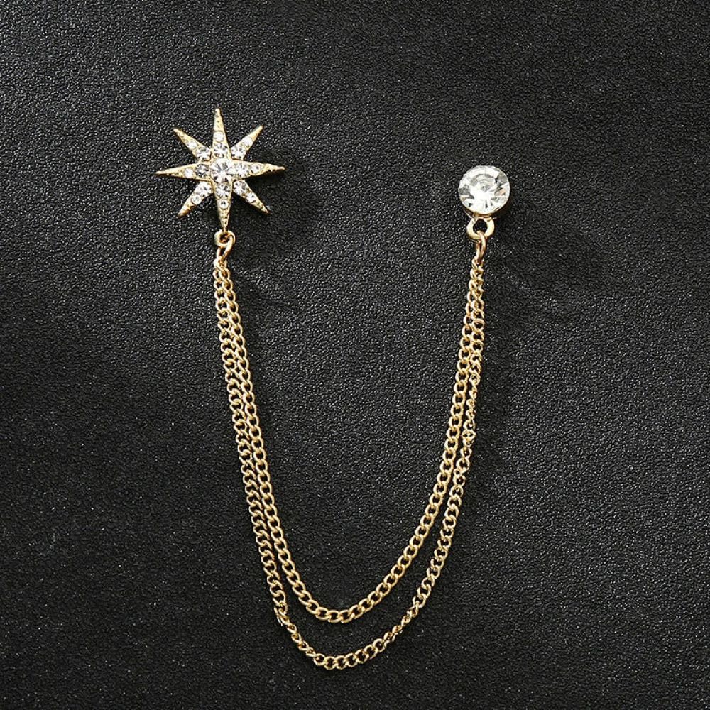 SYGA Men's & Women Suit Shirt Stud Lapel Pin Chain Tassel Brooch Pin with Crystal Chain(Golden little star)
