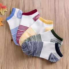 MOMISY Men's Premium Cotton Cushion Ankle length Socks, (Multicolor) Pack of 5 (Free Size) (5 Stripes)