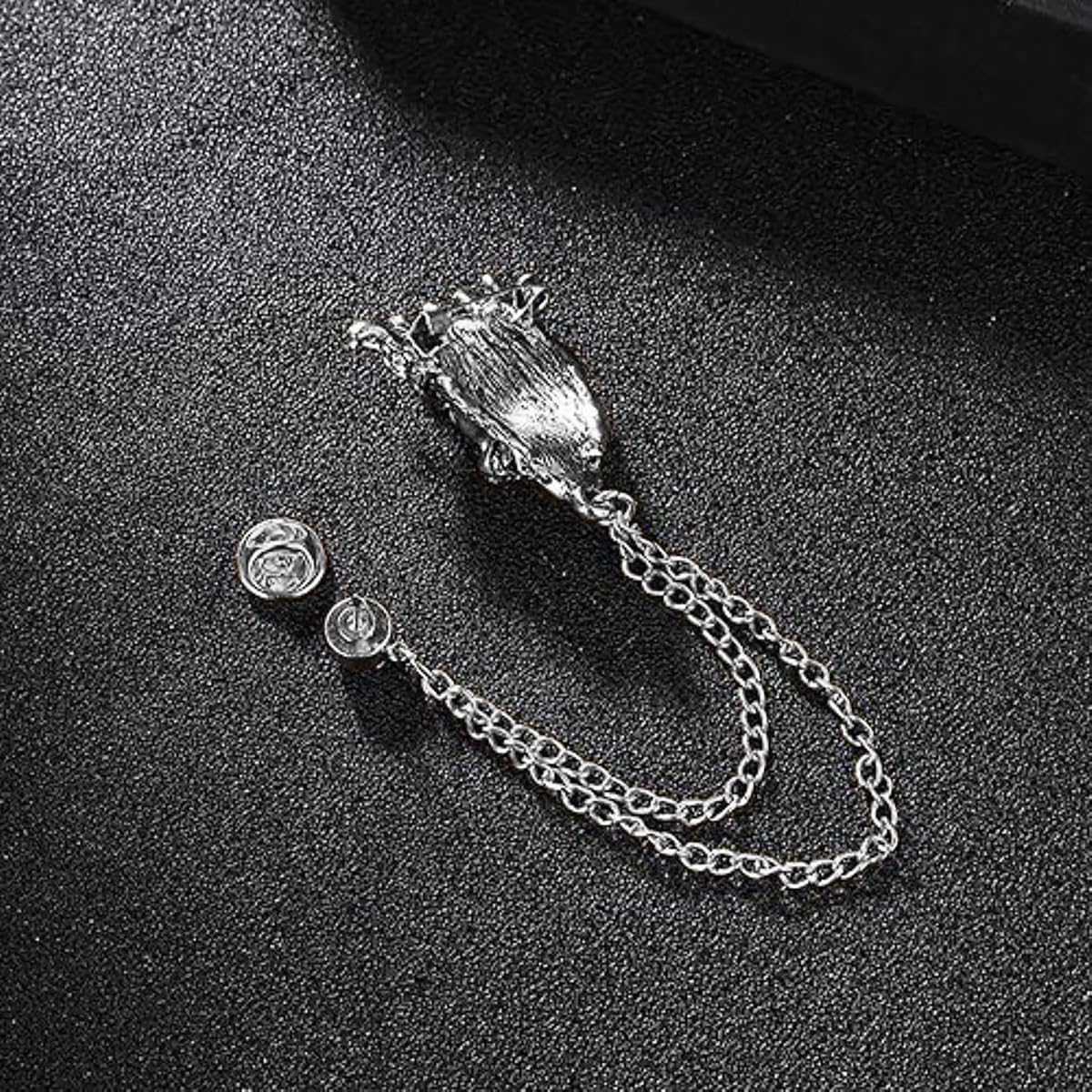 SYGA Men's & Women Classic Animal Lion Head Corsage Suit With Eagle Chain Lapel Pin Tassel Brooch Pin with Crystal Chain(Ancient silver crown lion head)