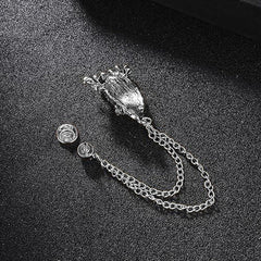 SYGA Men's & Women Classic Animal Lion Head Corsage Suit With Eagle Chain Lapel Pin Tassel Brooch Pin with Crystal Chain(Ancient silver crown lion head)
