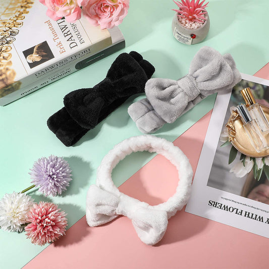 MOMISY Women Fashion Lovely Soft Coral Fleece Bowknot Bow Makeup Cosmetic Shower Elastic Hair Band Hairlace Headband (Random Color)-3 Piece
