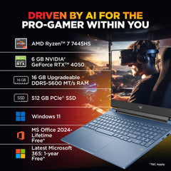 HP Victus, AMD Ryzen 7 7445HS, 6GB RTX 4050, 16GB DDR5(Upgradeable) 512GB SSD, 144Hz, IPS, 300nits, FHD, 15.6''/39.6cm, Win11, M365* Office24, Blue, 2.29kg, fb3118AX, Backlit, DTS Audio, Gaming Laptop