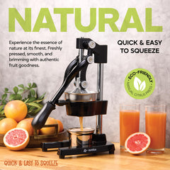 Eurolux Cast Iron Citrus Juicer | Commercial Grade Manual Hand Press | Countertop Squeezer for Fresh Fruit Juice (Bonus Stainless Steel Cup) (Black)