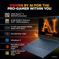 HP Smartchoice Victus, AMD Ryzen 5 8645HS, 6GB RTX 3050, 31 Tops, 16GB DDR5(Upgradeable) 512GB SSD, 144Hz, 300nits, FHD, 15.6"/39.6cm, Win11, M365* Office24, Blue, 2.3kg, fb3009AX, AI Gaming Laptop