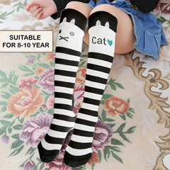MOMISY 1 Pair of Baby Spring Winter And Autumn Combed Cotton Long Tube Knee-High Socks Suitable Age of 3 to 12 Years (IN, Age, 3 Years, 12 Years, WhiteCatStripe)