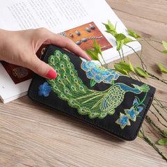 MOMISY Women's PU Leather Peacock Embroidery Clutch Purse, Handbag, Party Wedding Wallet with Zipper (Black)