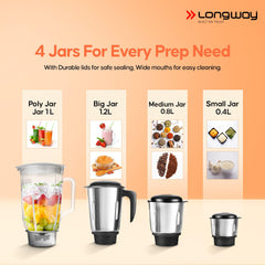 Longway Super Pro Juicer Mixer Grinder | Up to 750 Watt Powerful Motor | 4 Jars for Grinding, Mixing, Juicing | 2 Year Warranty | Black & Gray