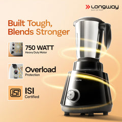 Longway Super Pro Juicer Mixer Grinder | Up to 750 Watt Powerful Motor | 4 Jars for Grinding, Mixing, Juicing | 2 Year Warranty | Black & Gray