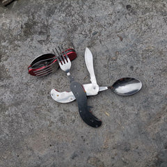 MOMISY 4 in 1 Detachable Multi-Tool Picnic Camping Stainless Steel Folding Cutlery Set Pocket Knife Fork Spoon Bottle Opener-Red
