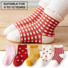 MOMISY 5 Pairs Tube Socks for children Toddlers Infant Baby Girl Boys (Checks Flower, 3 Year to 5 Year)