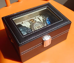 SYGA Faux Leather Finish 3 Slot Cavity Wrist Watch Storage Box Display Case Organizer with Glass Window (Black)